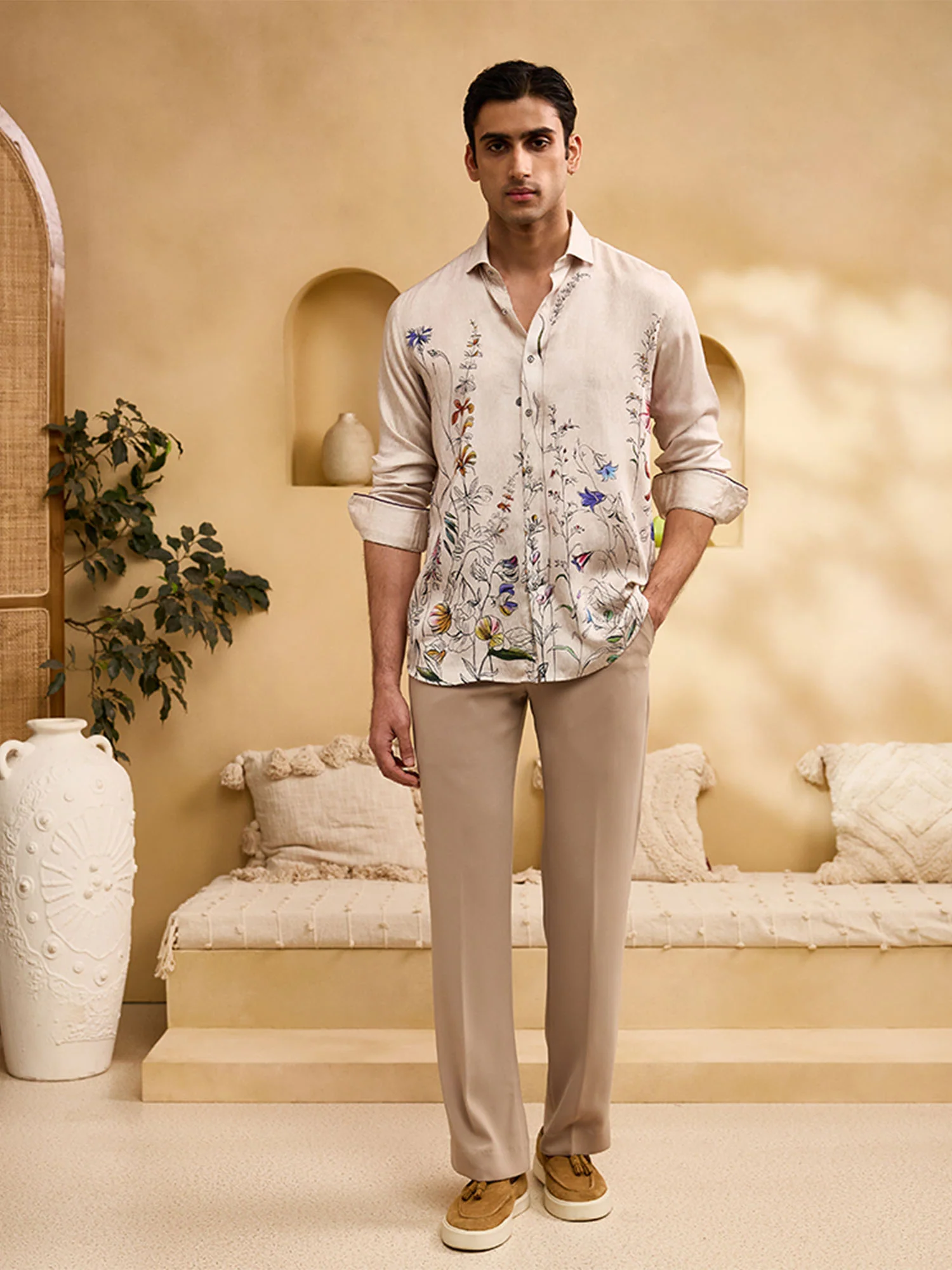 Beige Floral Print Slim Fit Shirt - Image 3