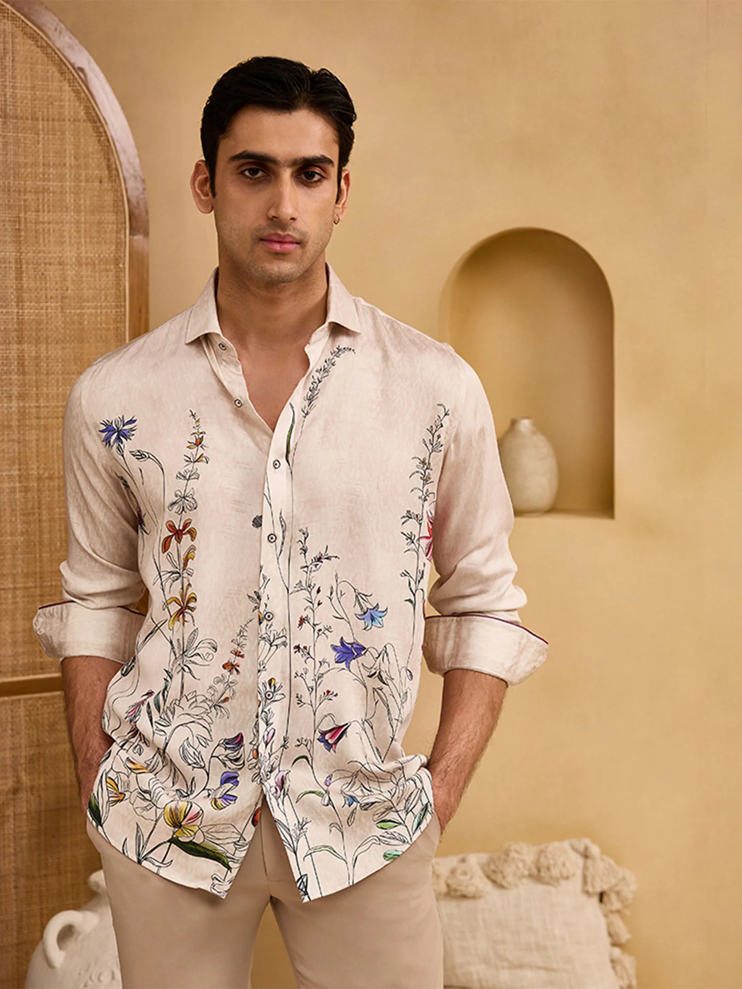 Beige Floral Print Slim Fit Shirt - Image 4