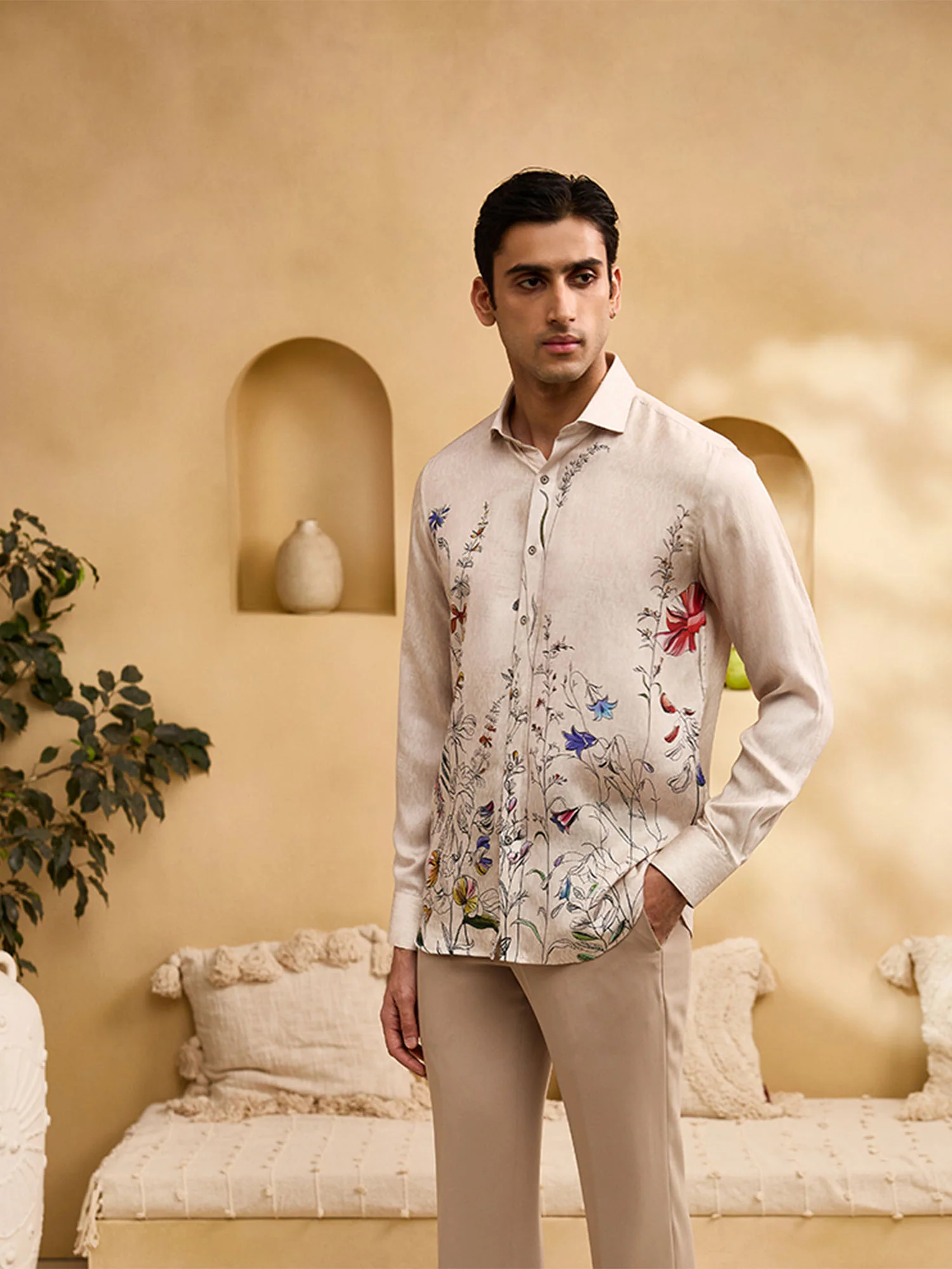Beige Floral Print Slim Fit Shirt - Image 5