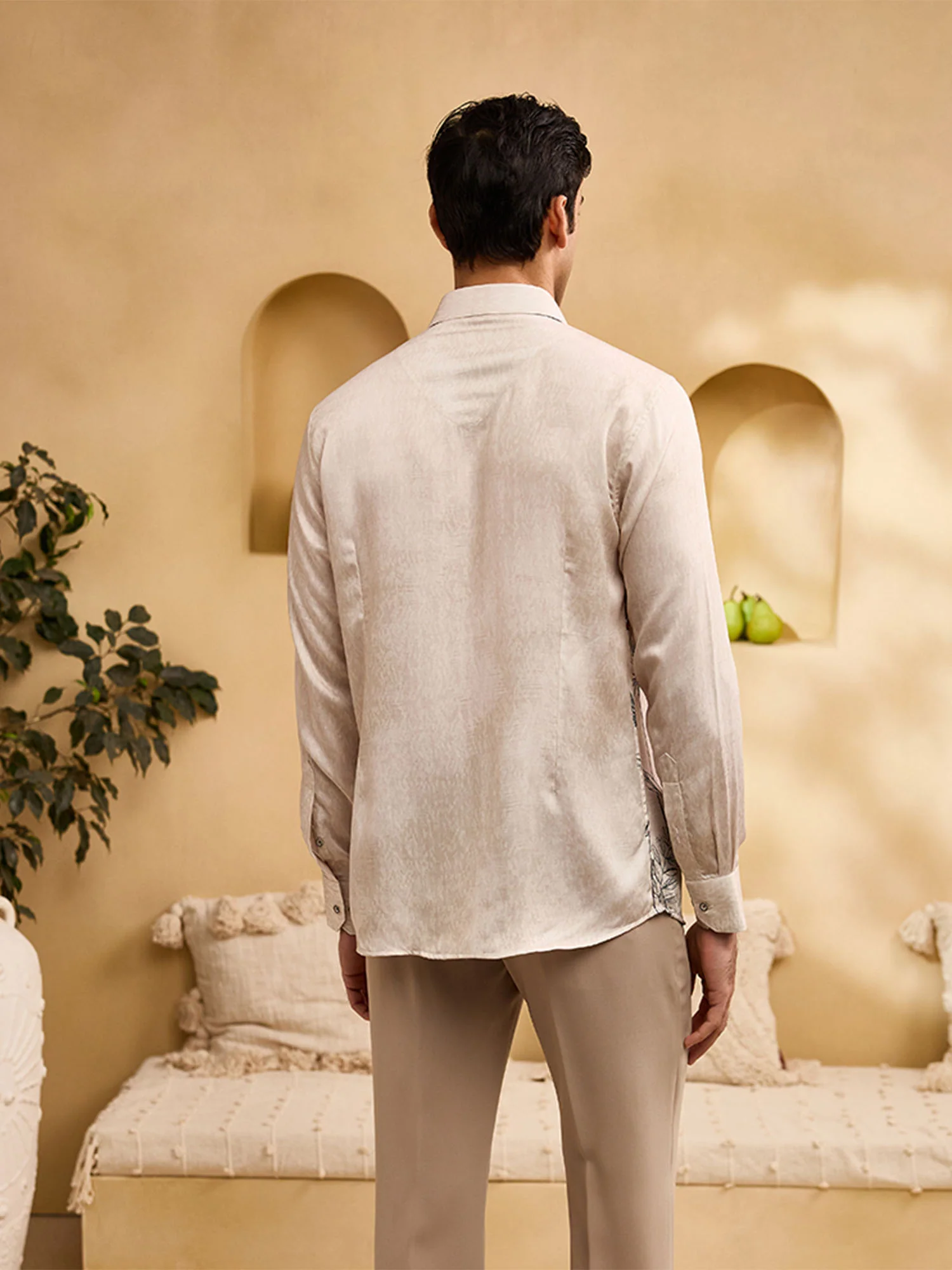 Beige Floral Print Slim Fit Shirt - Image 6