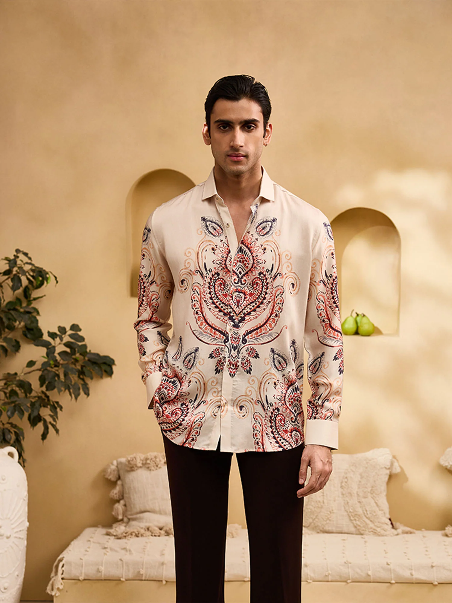 Beige Geometric Print Slim Fit Shirt - Image 4