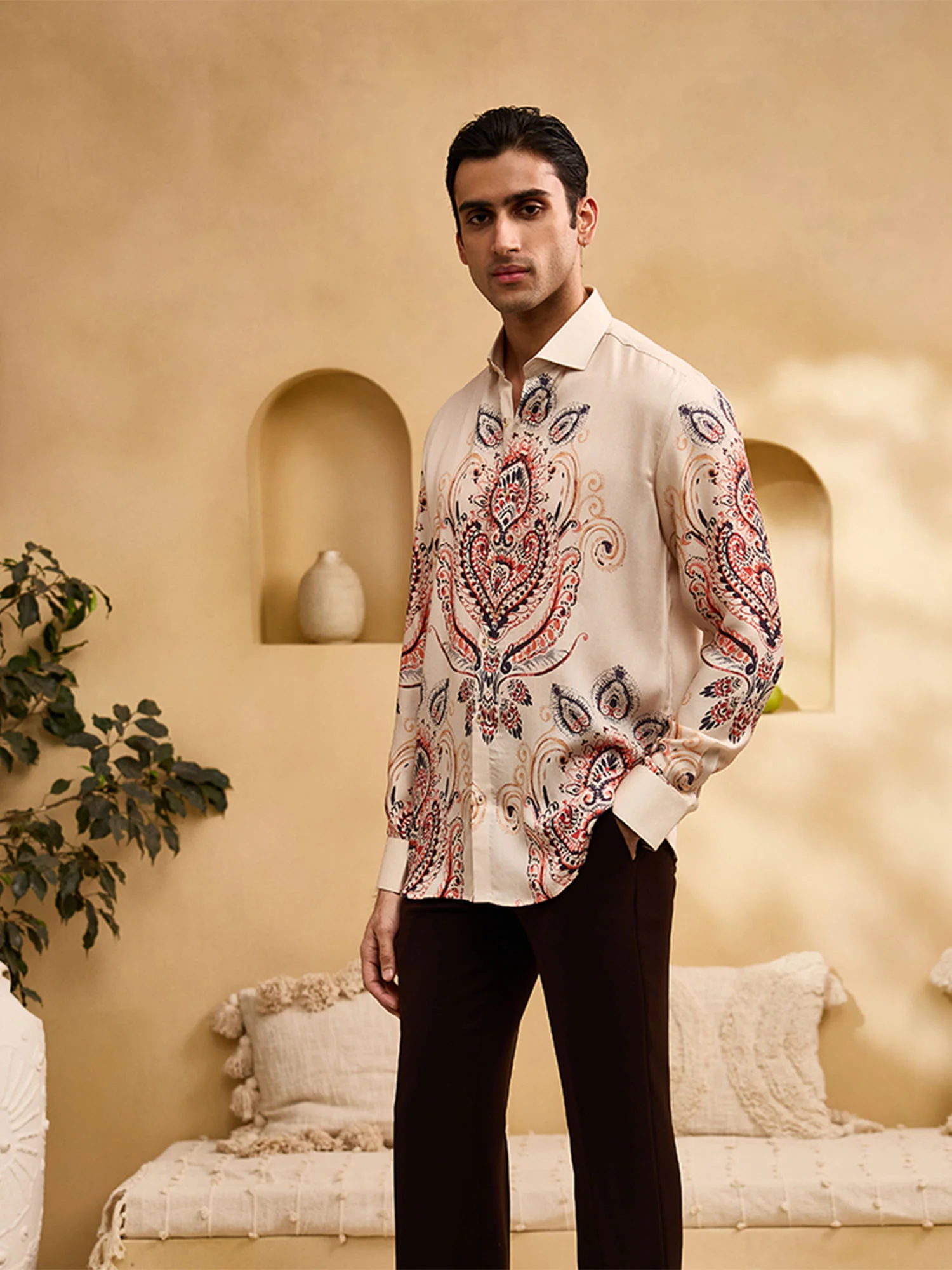 Beige Geometric Print Slim Fit Shirt - Image 5