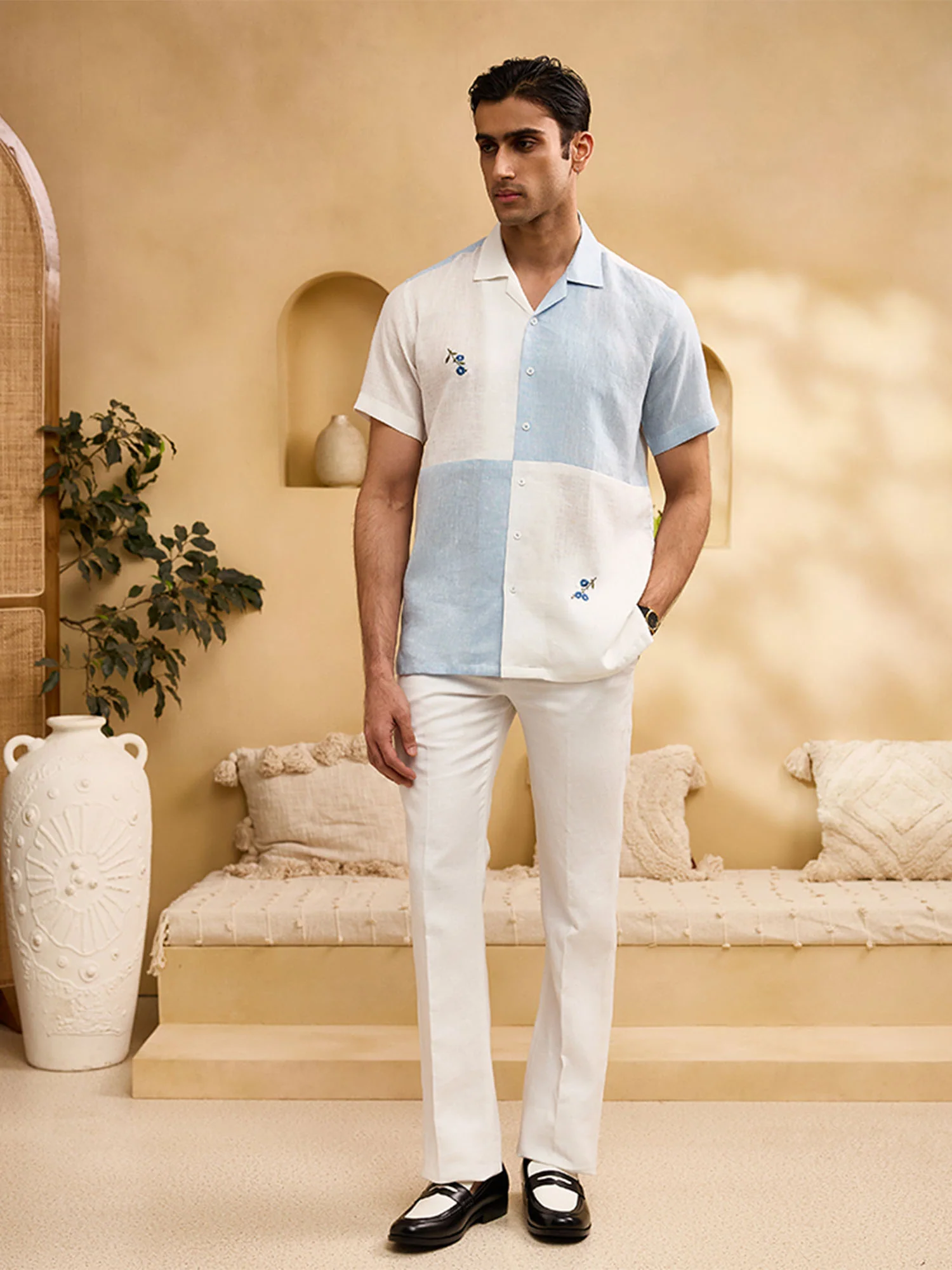 Blue and White Minimal Floral Embroidery Linen Cuban Regular Fit Shirt - Image 3