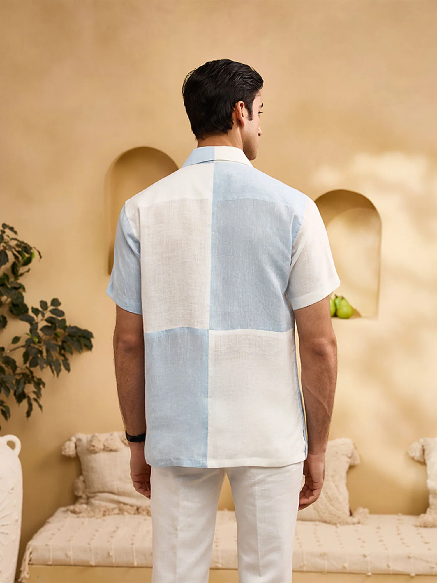 Blue and White Minimal Floral Embroidery Linen Cuban Regular Fit Shirt - Image 5