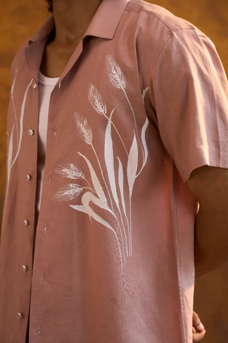 Brown Linen Shirt with Hand-Painted White Floral Art - Image 4
