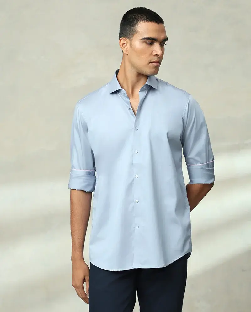 Light Blue Plain Supima Cotton Slim Fit Shirt - Image 3