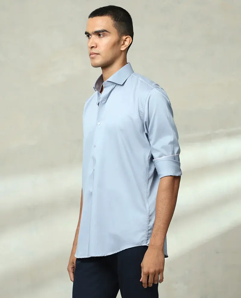 Light Blue Plain Supima Cotton Slim Fit Shirt - Image 4