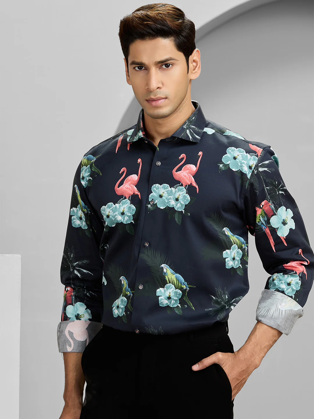 Men's Navy Cotton Printed Shirt in Slim Fit - Image 3