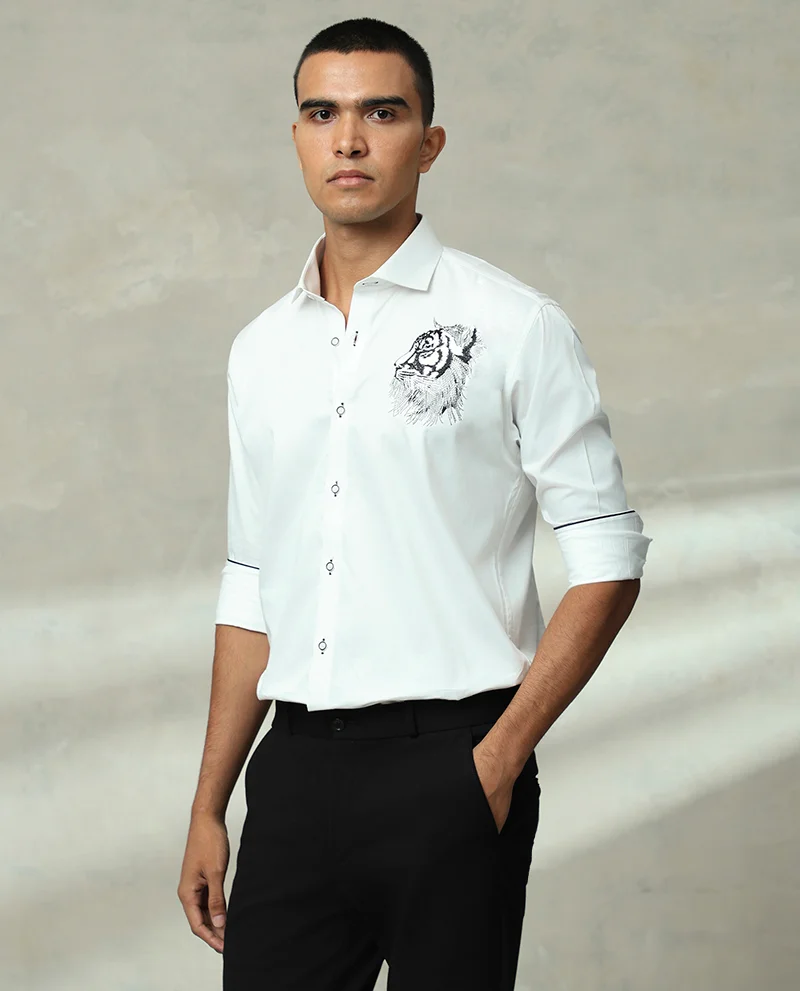 WHITE EMBROIDERED COTTON SLIM FIT SHIRT - Image 3
