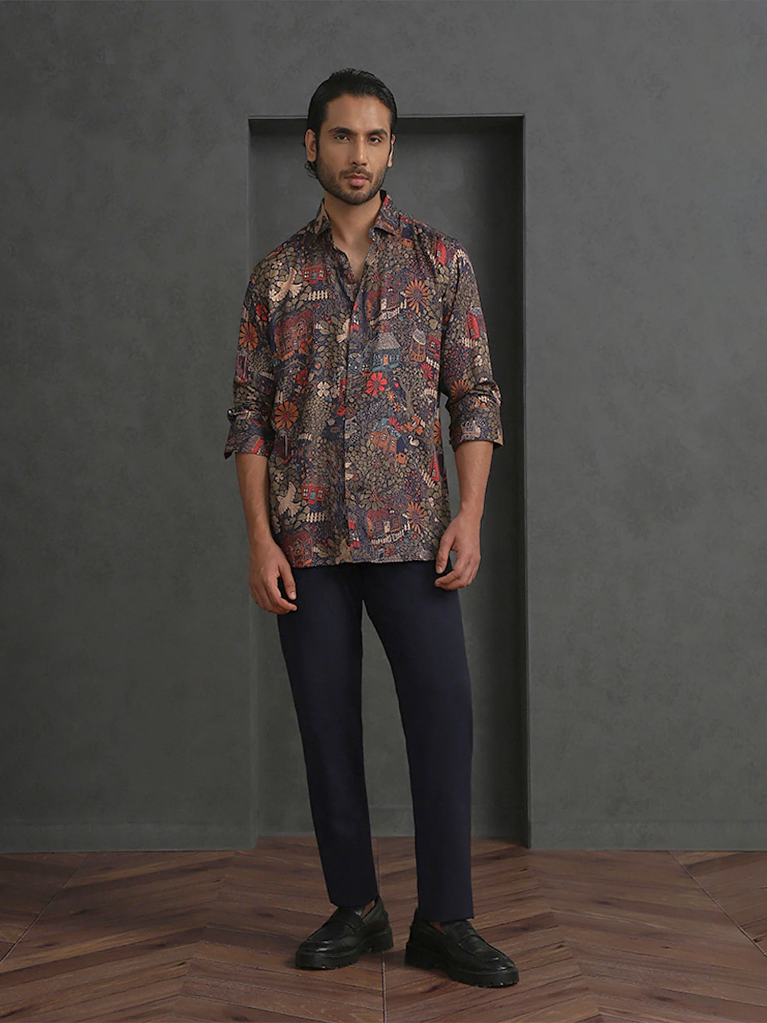 Navy Blue Printed Slim Fit Full Sleeve Tencel Shirt - Image 3