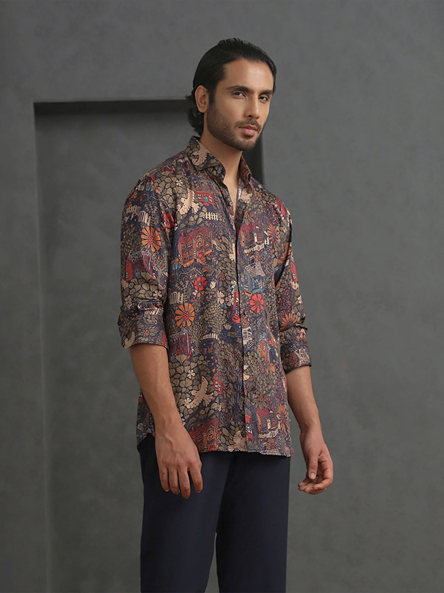 Navy Blue Printed Slim Fit Full Sleeve Tencel Shirt - Image 4