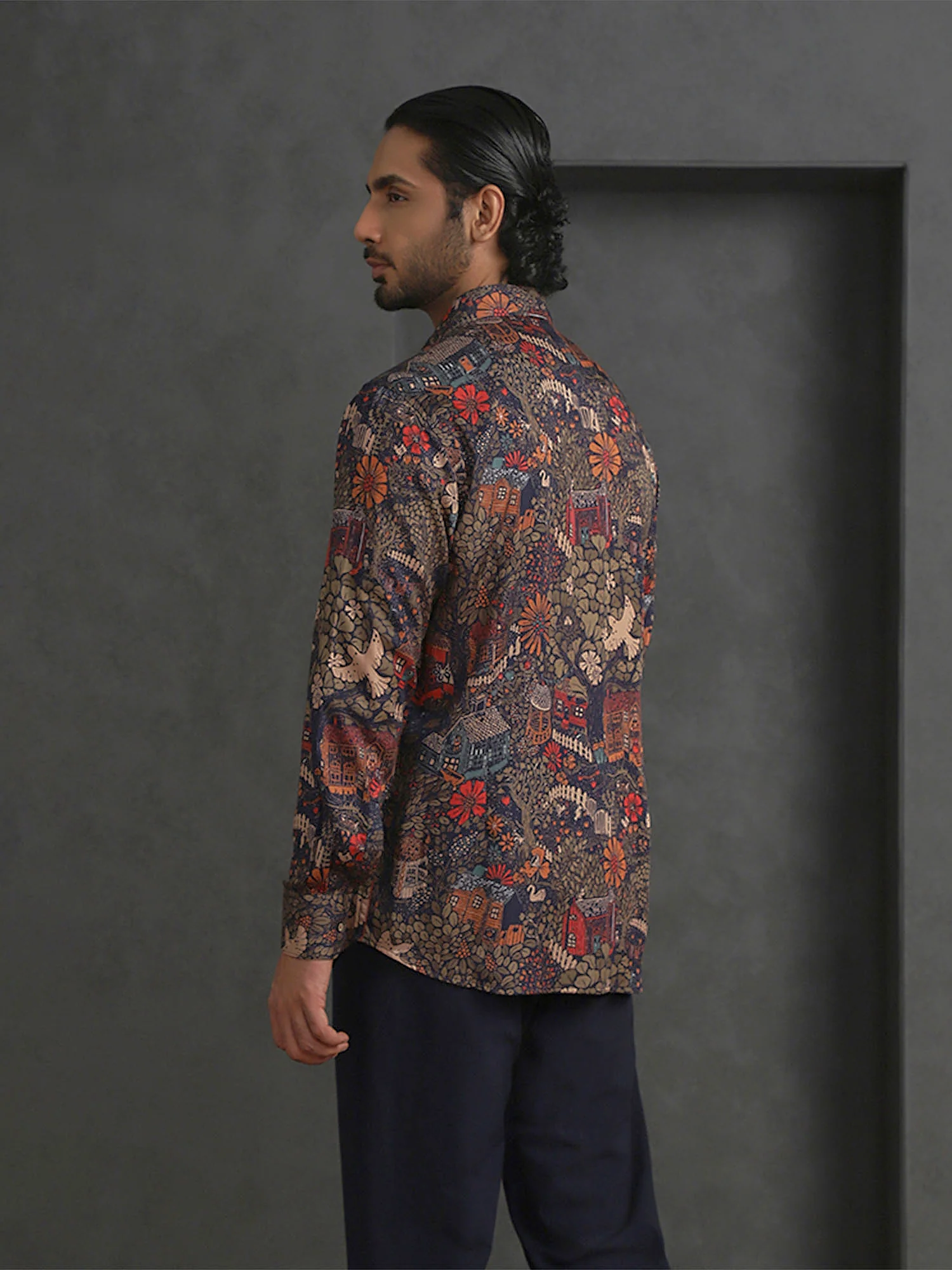 Navy Blue Printed Slim Fit Full Sleeve Tencel Shirt - Image 5