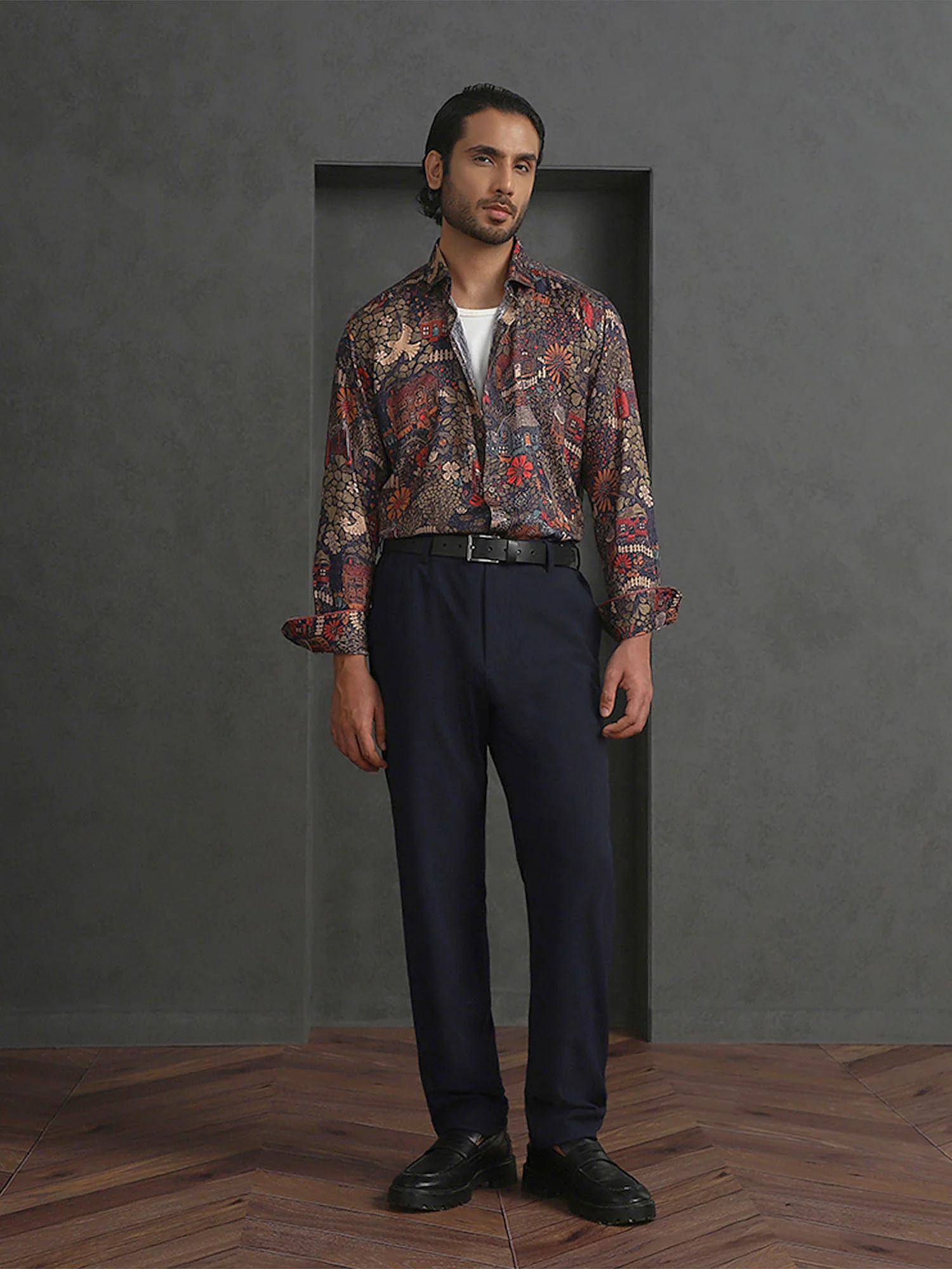 Navy Blue Printed Slim Fit Full Sleeve Tencel Shirt - Image 6