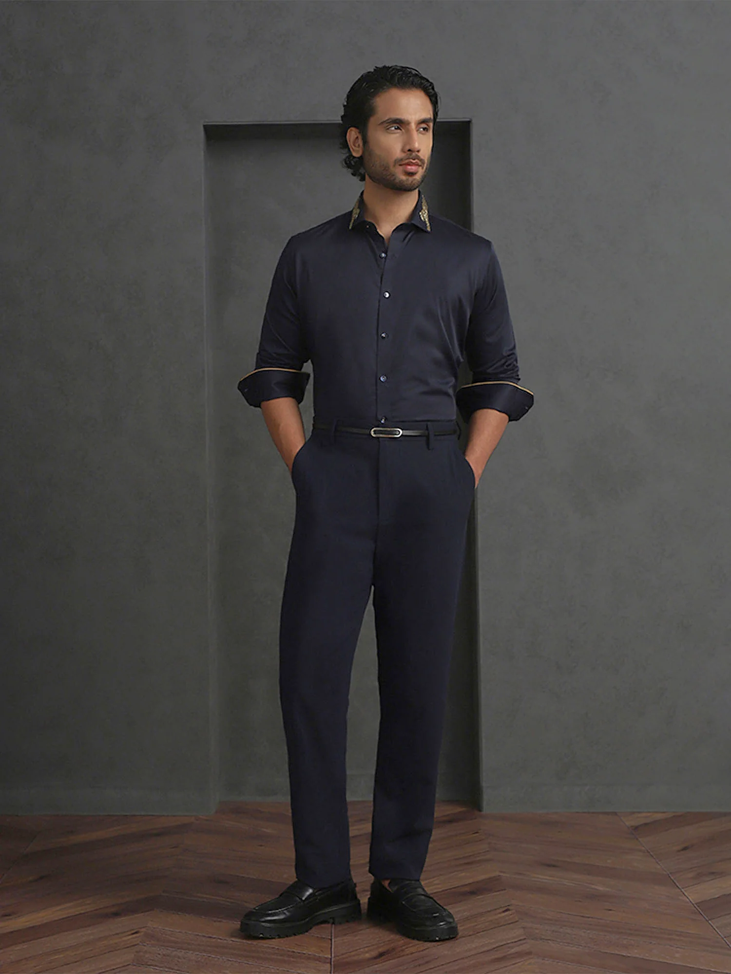 Navy Blue Slim Fit Supima Cotton Shirt with Striking Embroidery Detailing - Image 3