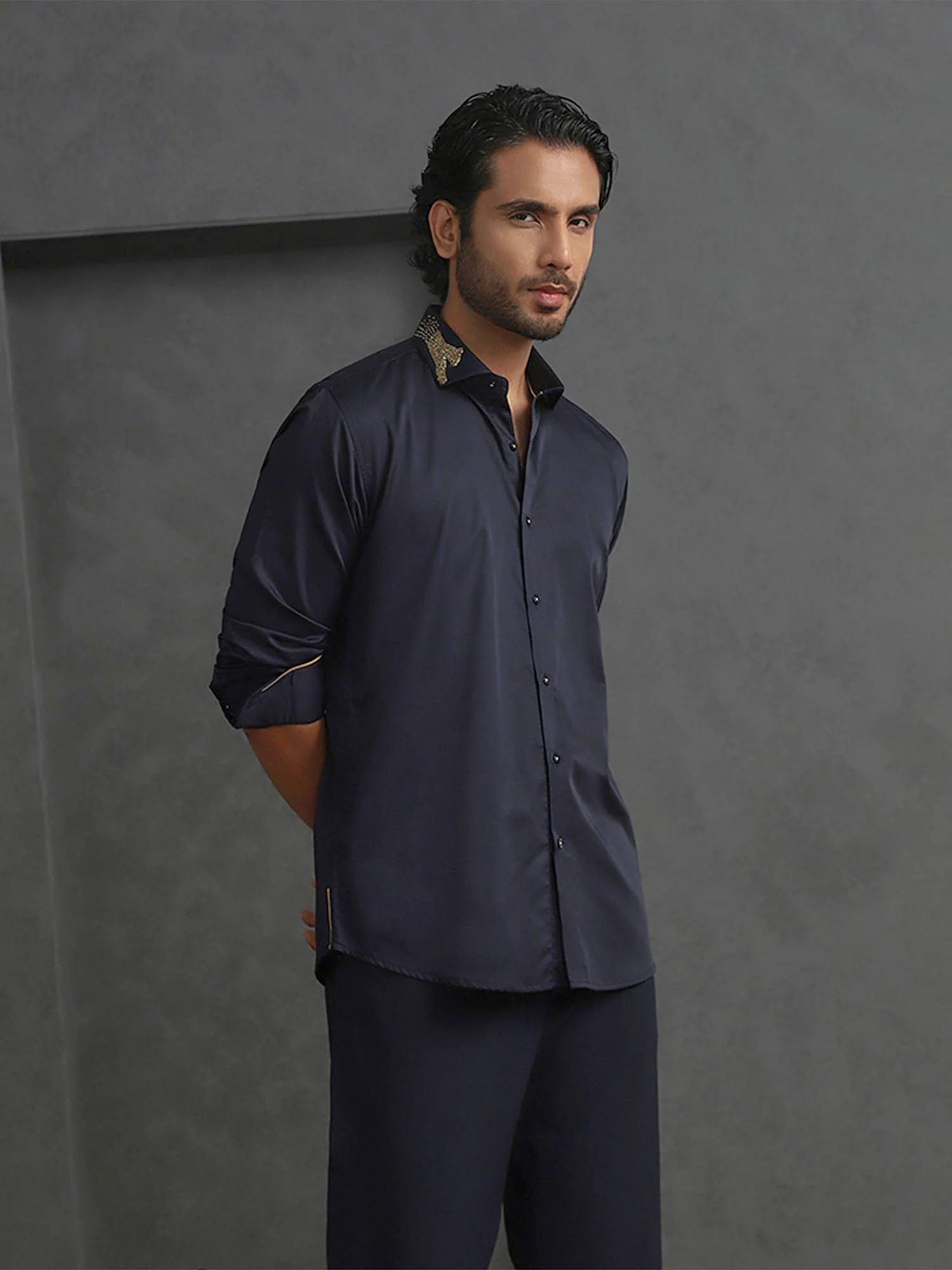 Navy Blue Slim Fit Supima Cotton Shirt with Striking Embroidery Detailing - Image 4