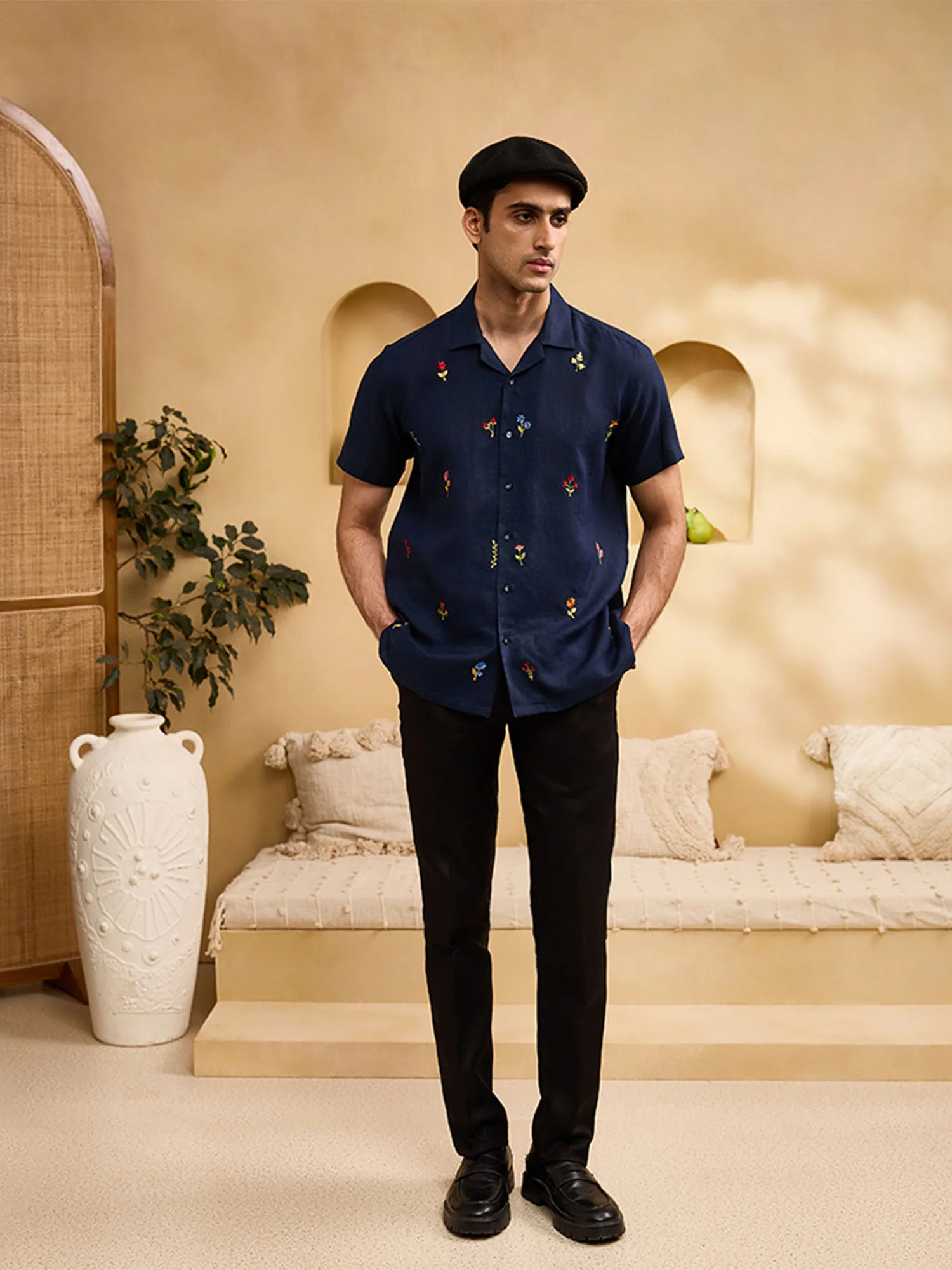 Navy Blue with Minimal Coloured Floral Embroidery Linen Cuban Regular Fit Shirt - Image 3