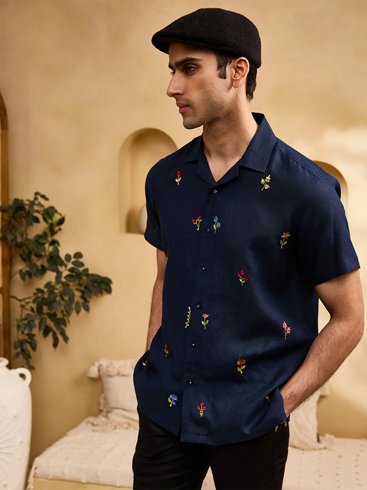 Navy Blue with Minimal Coloured Floral Embroidery Linen Cuban Regular Fit Shirt - Image 4