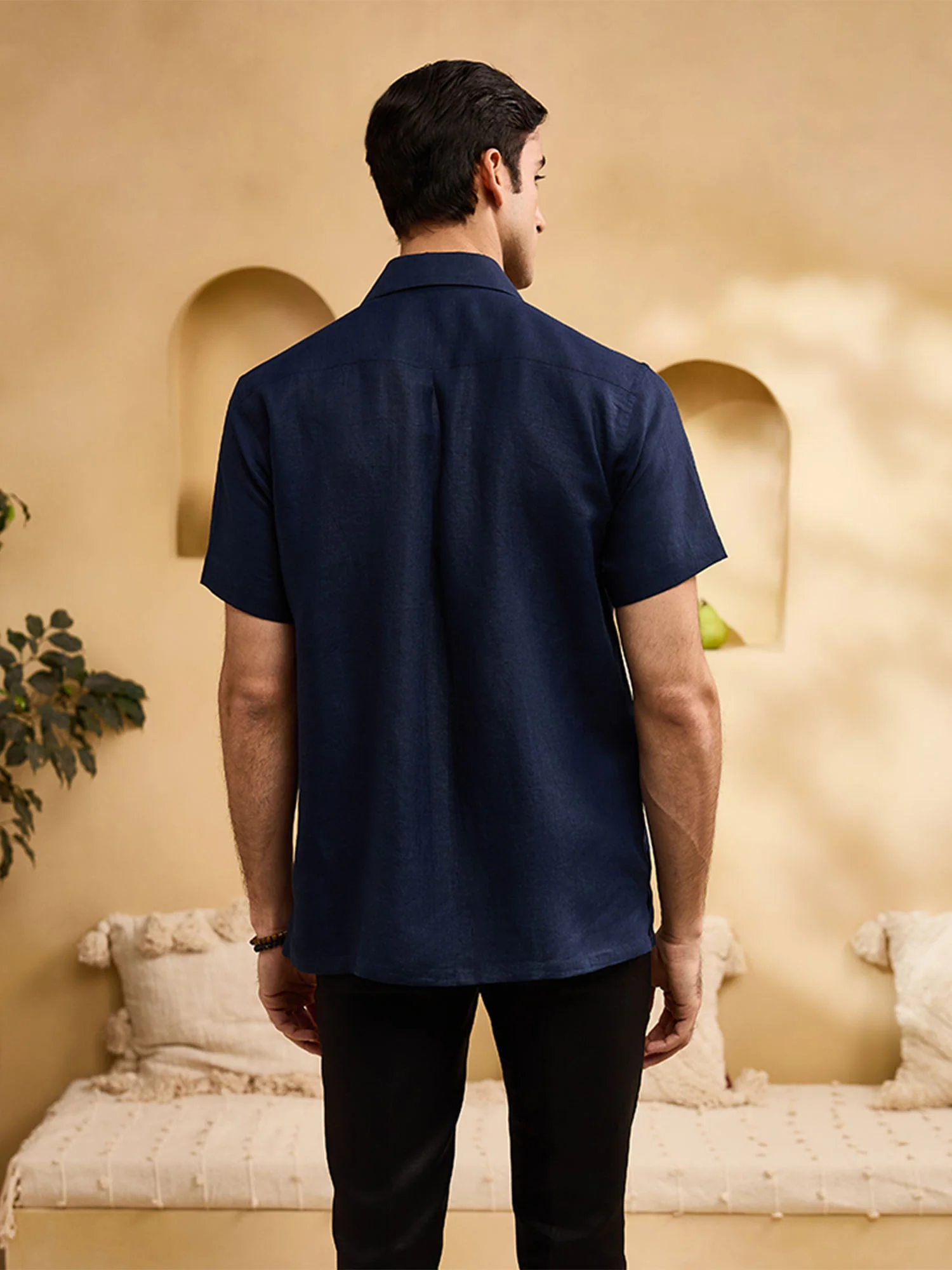 Navy Blue with Minimal Coloured Floral Embroidery Linen Cuban Regular Fit Shirt - Image 5