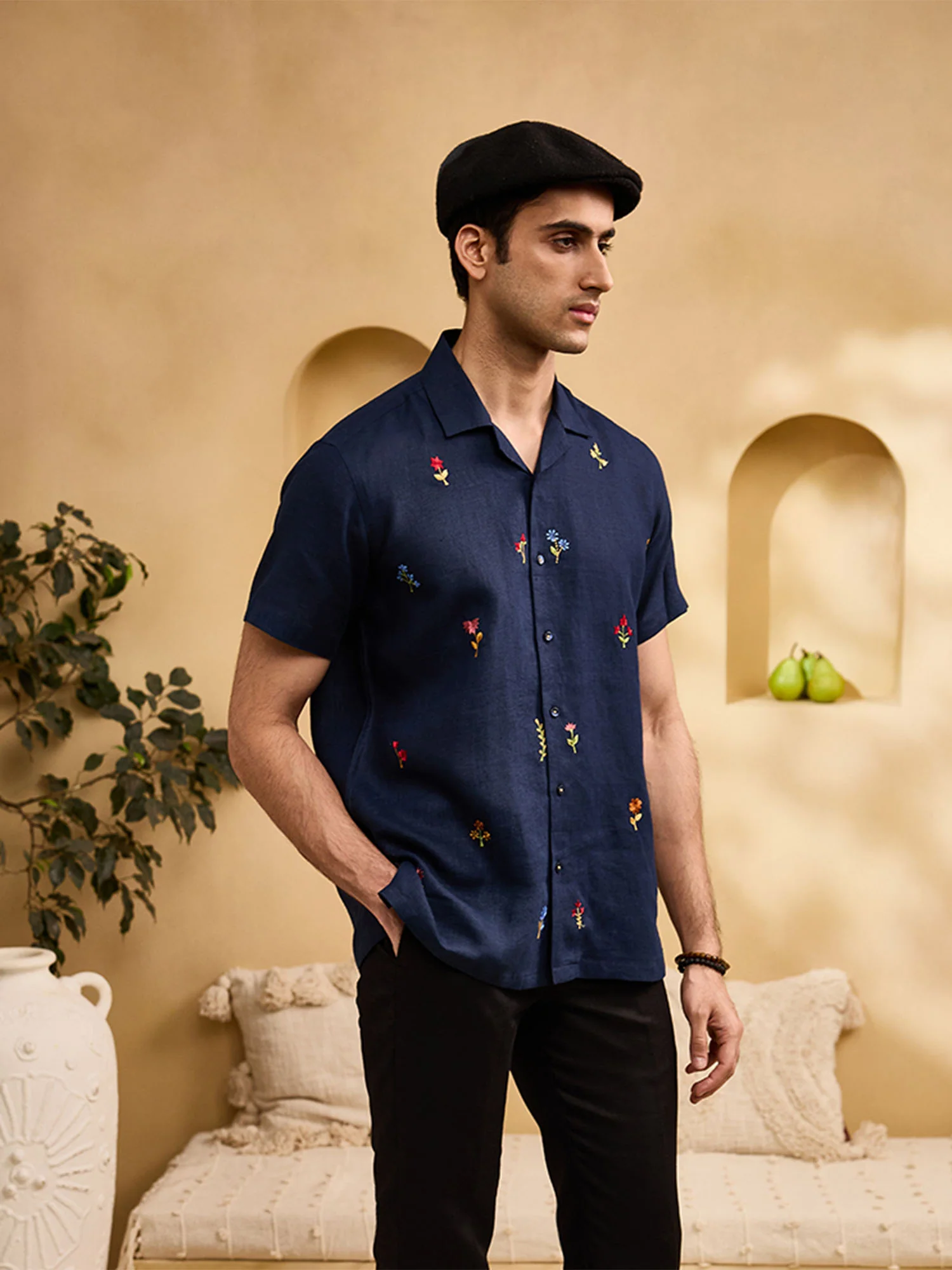 Navy Blue with Minimal Coloured Floral Embroidery Linen Cuban Regular Fit Shirt - Image 6