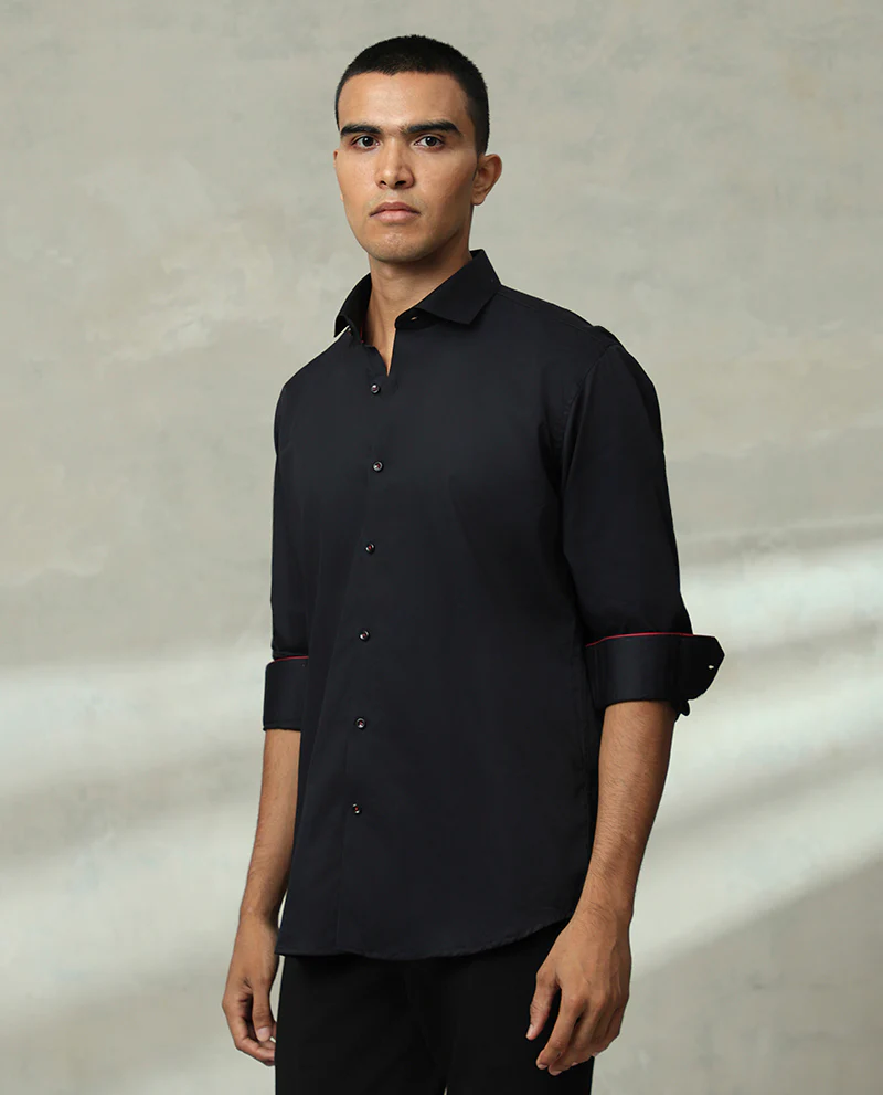 Navy Plain Supima Cotton Slim Fit Shirt - Image 3
