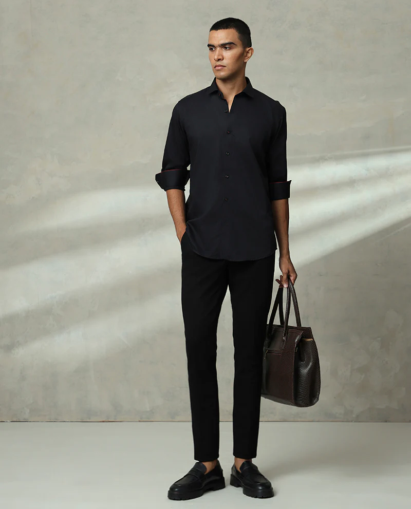 Navy Plain Supima Cotton Slim Fit Shirt - Image 4