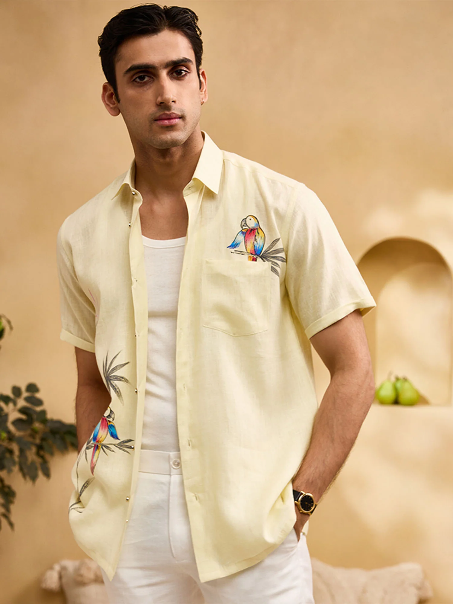 Pastel Yellow Flora & Fauna Hand-Painted Linen Regular Fit Shirt - Image 3