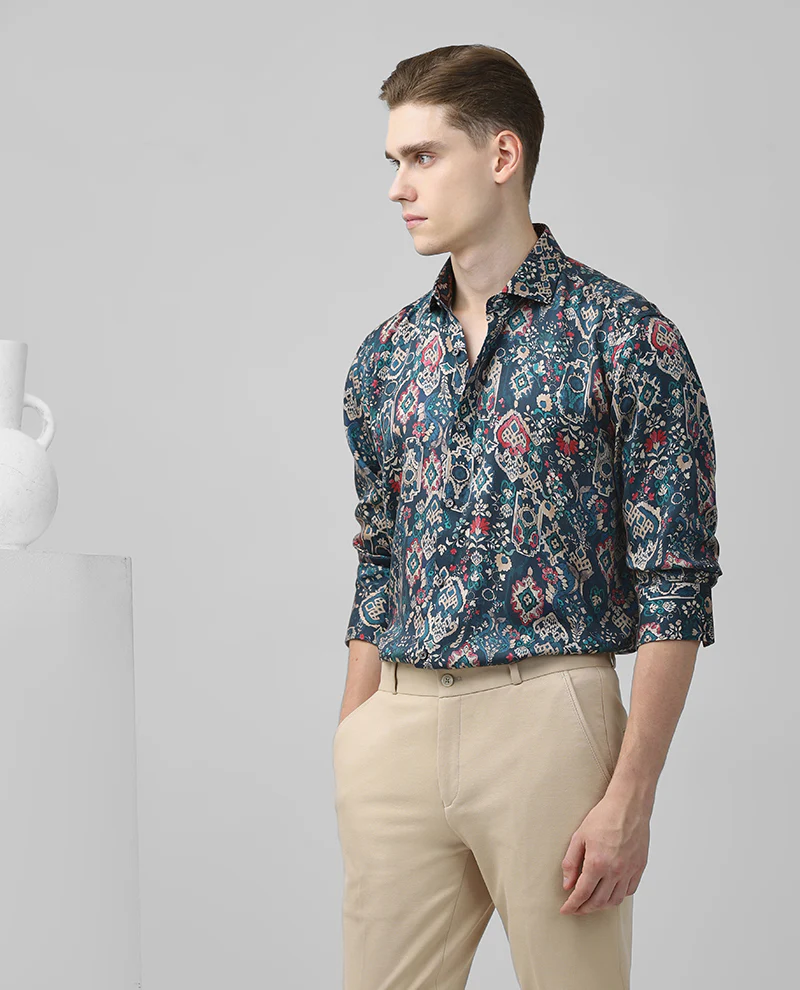 Rama Green Print Full Sleeves Luxury Premium Branded Cotton Men's Slim Fit Shirt - Image 3