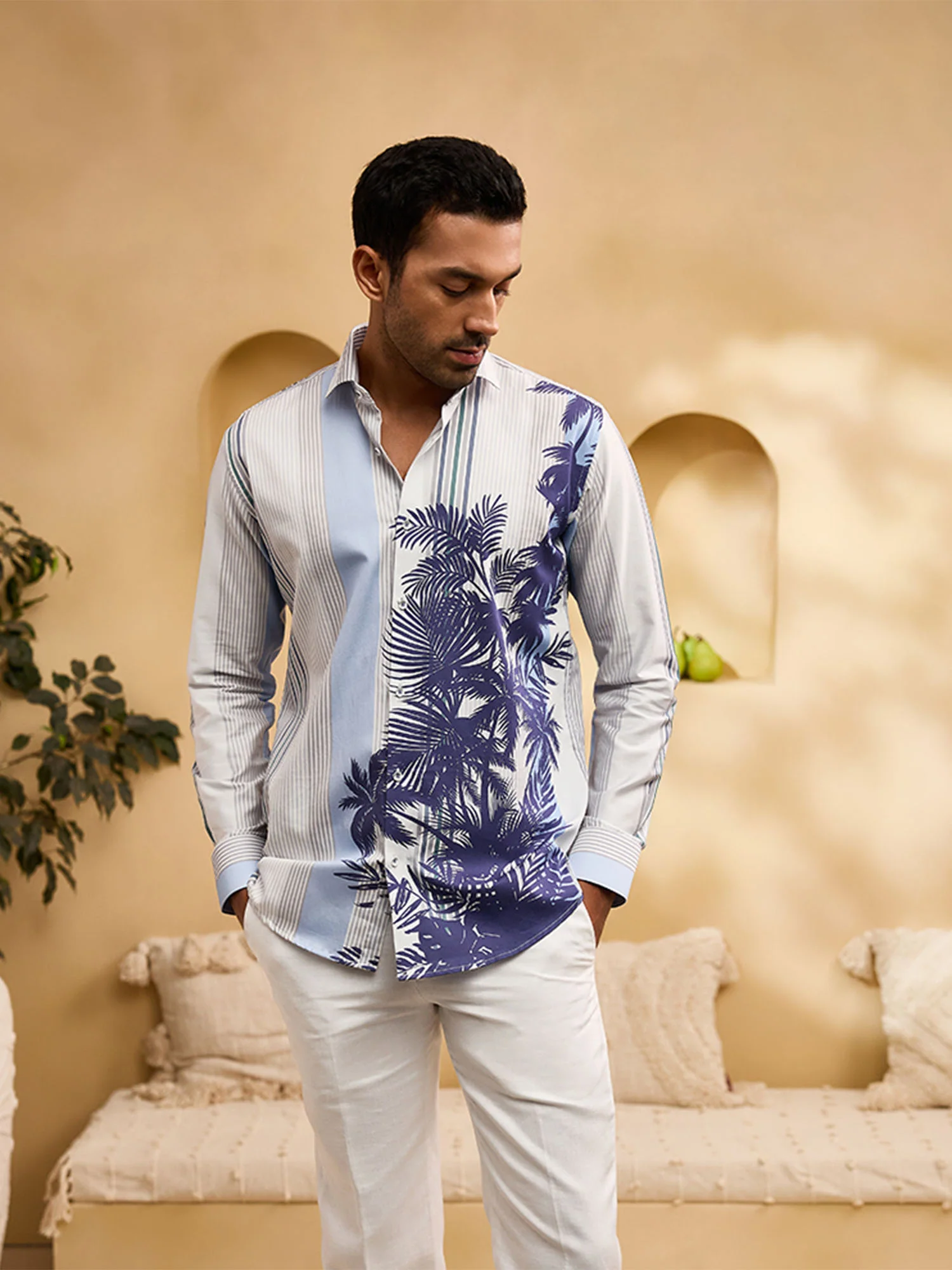 White and Blue Striped Floral Print Slim Fit Shirt - Image 3
