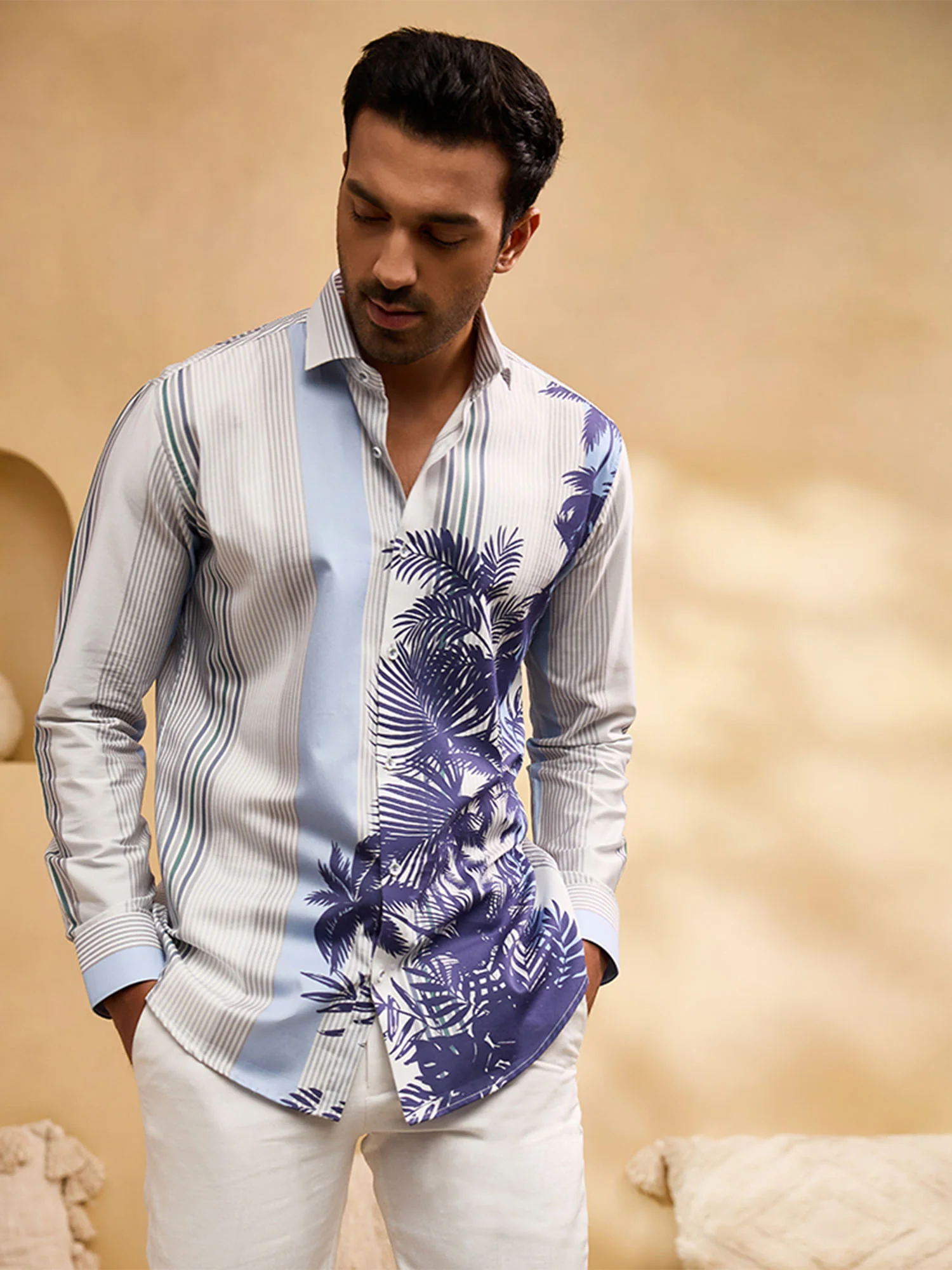 White and Blue Striped Floral Print Slim Fit Shirt - Image 4