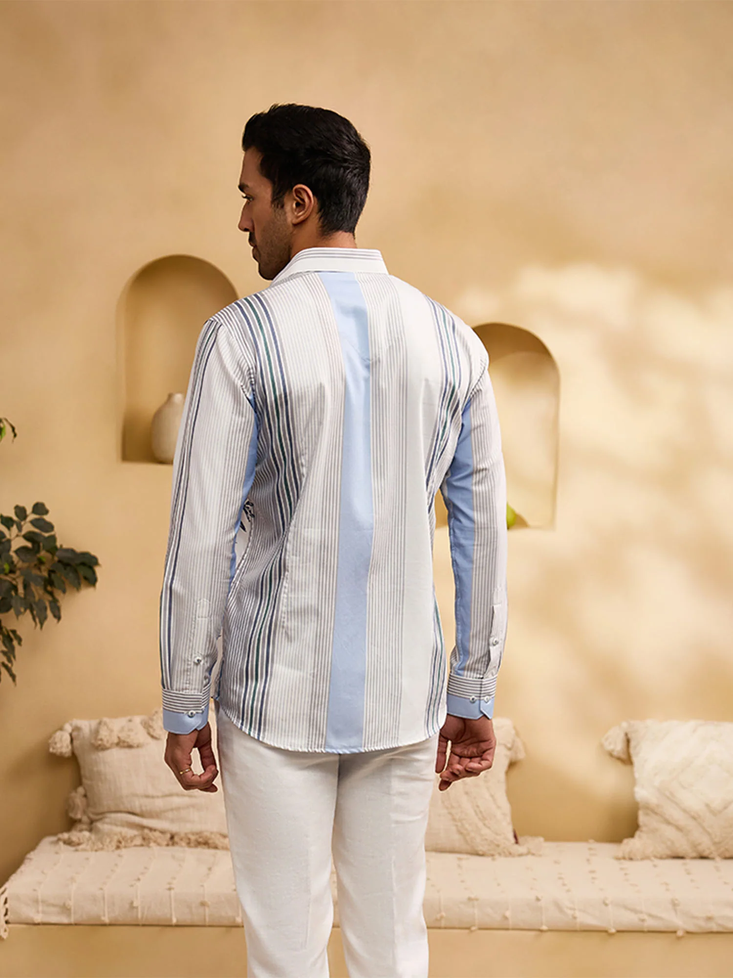 White and Blue Striped Floral Print Slim Fit Shirt - Image 5