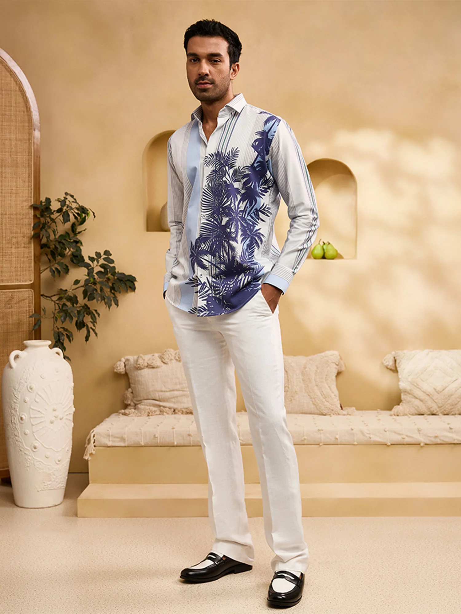 White and Blue Striped Floral Print Slim Fit Shirt - Image 6