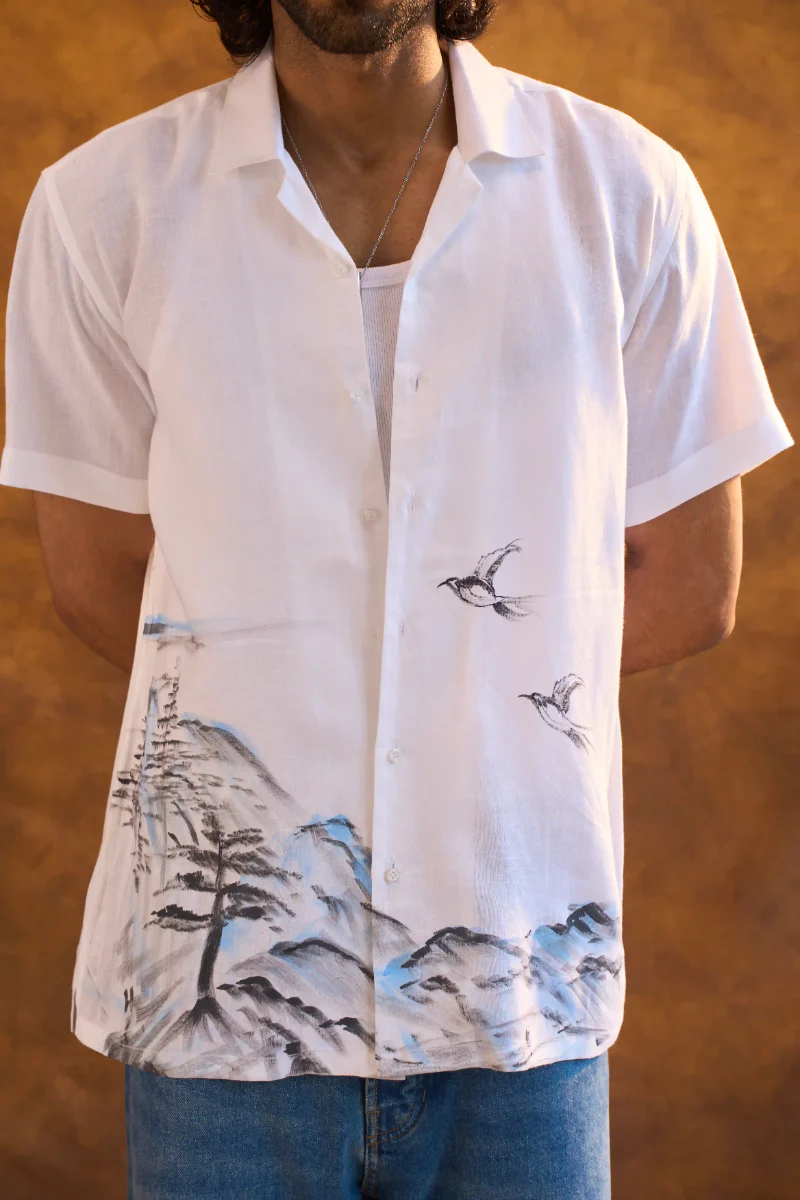 White Linen Shirt with Hand-Painted Mountain Art - Image 3