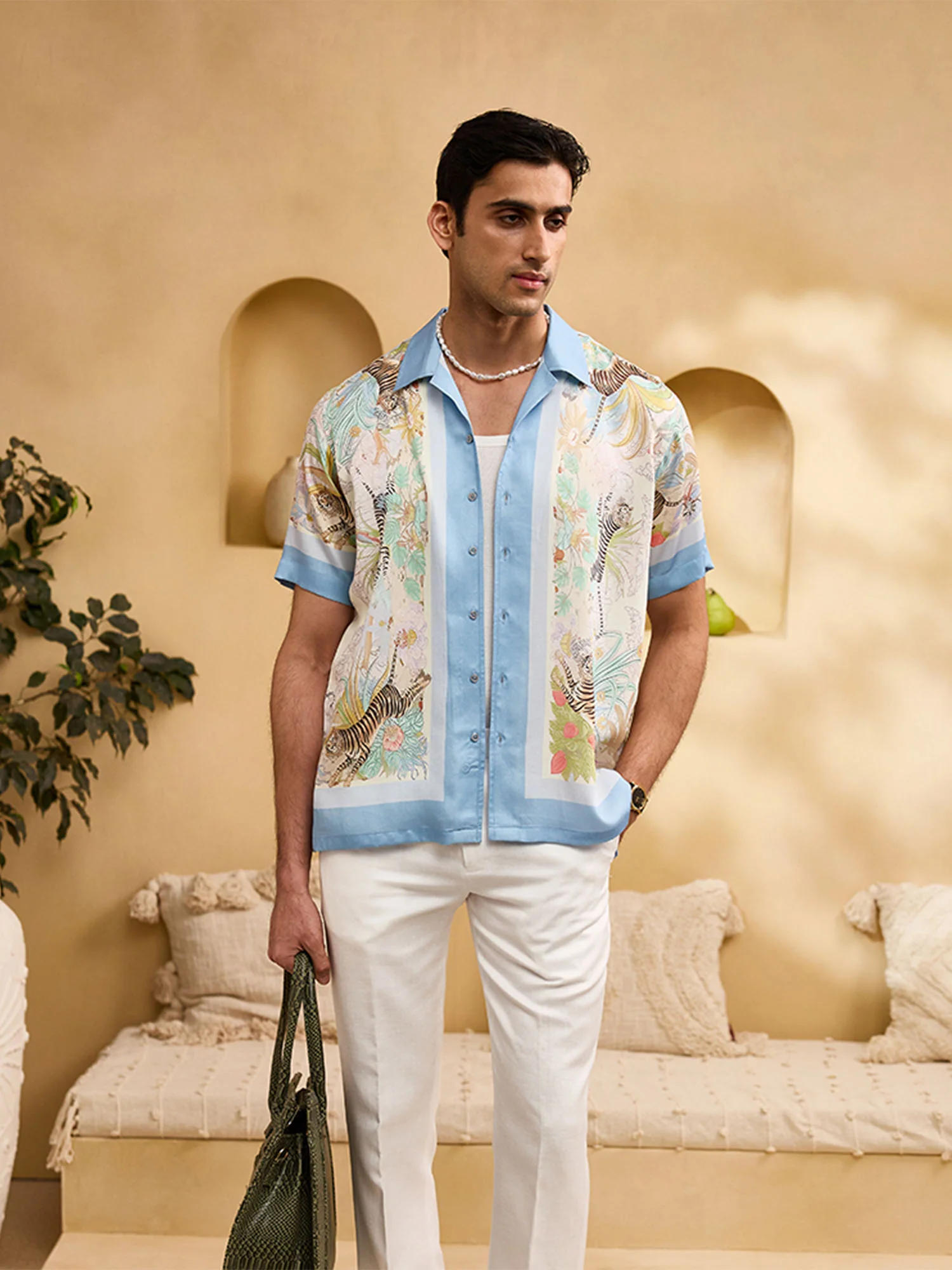 White Tiger and Blue Floral Cuban Regular Fit Shirt - Image 3