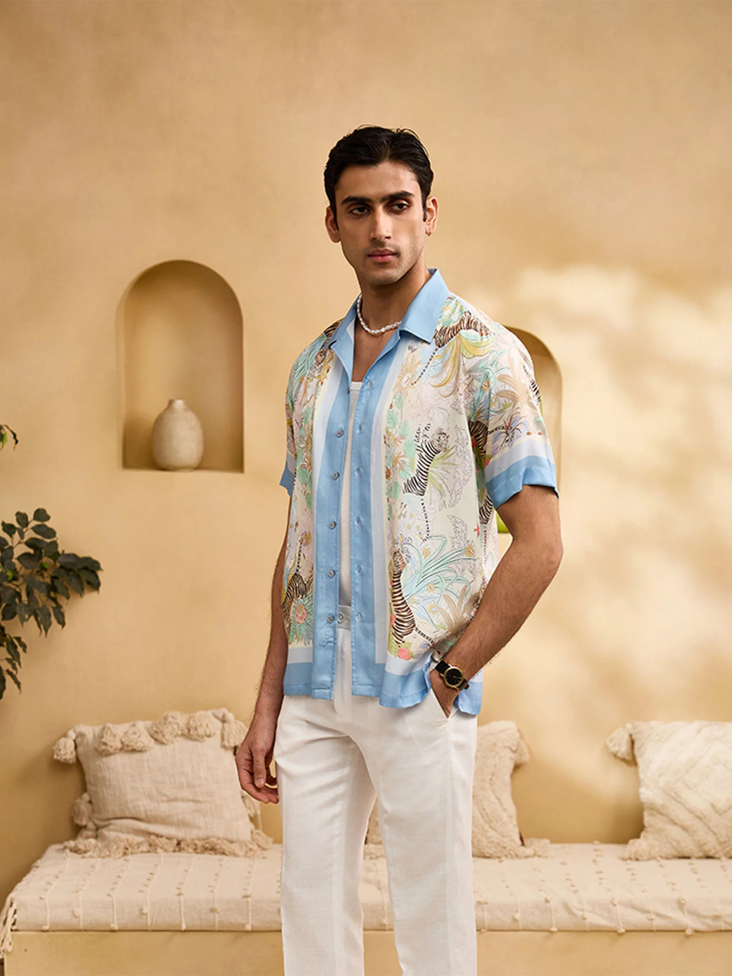 White Tiger and Blue Floral Cuban Regular Fit Shirt - Image 4