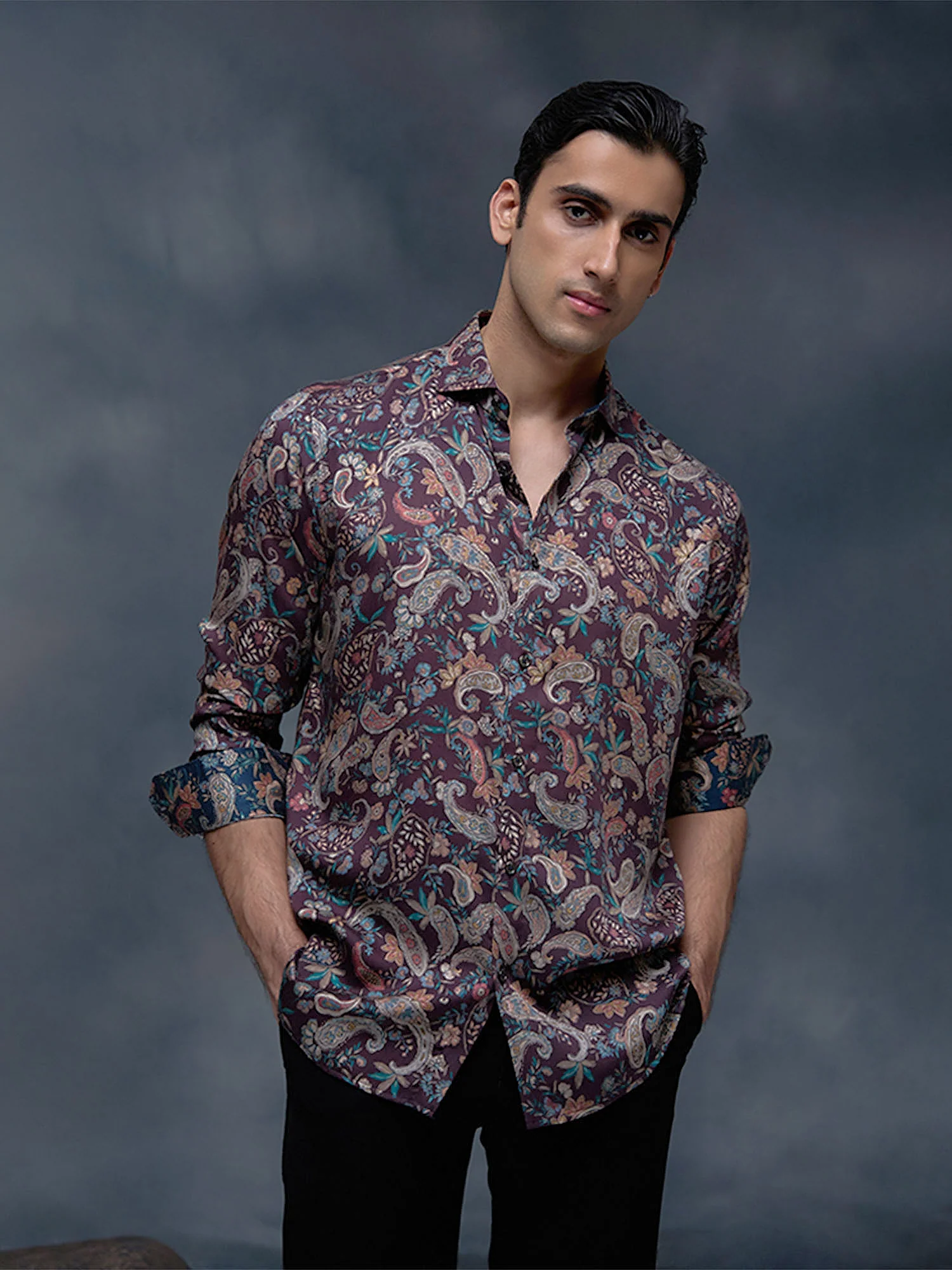 Brown with Multi-Paisley Print Slim Fit Shirt - Image 3